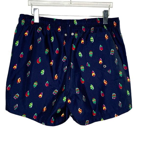 Lands End L Mens Volley Swim Trunks UPF 50 Deep Sea Navy Sailboats - Picture 3 of 11